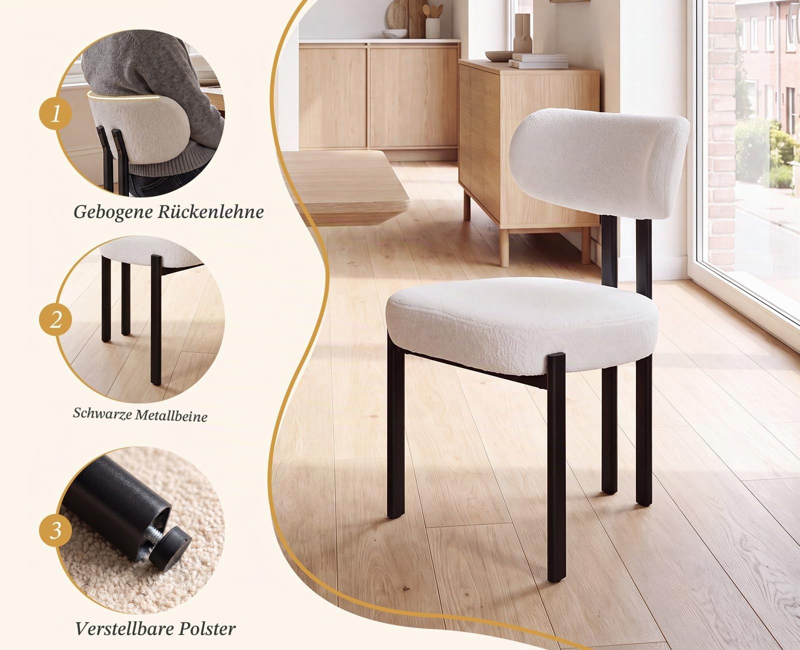 Ya-Home Esszimmerstühle 2er Set, Runde Boucle Stühle, Weiß