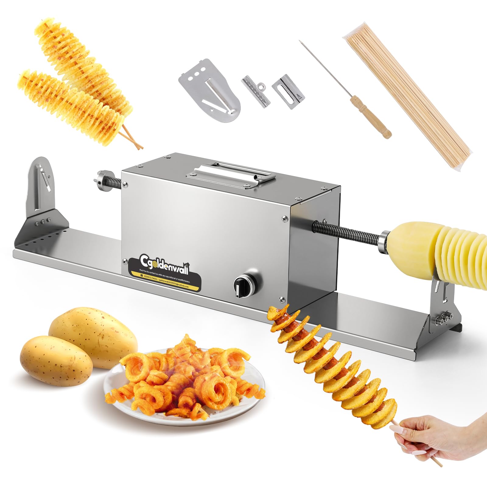 CGOLDENWALL Cortador de Patatas en Espiral Eléctrico, Máquina de Torre de Patatas de Acero Inoxidable para Fritas Rizadas y Chips Tornado, Zanahorias, Verduras, Frutas, Pepinos