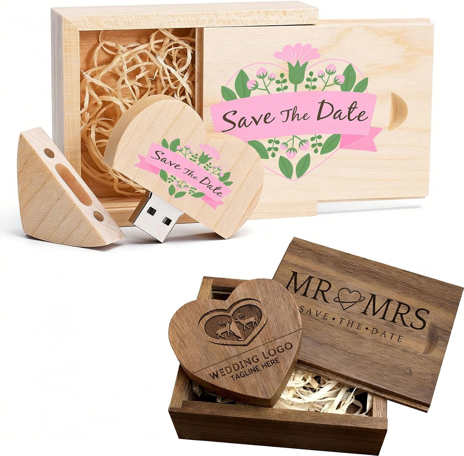 64GB USB 2.0 Personalized Custom Wood USB Flash Drive Wedding Thumb Drive with Gift Box, Customized Engraved Wooden Memory Sticks Jump Drives for Photography/Wedding/Company