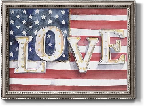 LS005 - Arte de pared con bandera estadounidense con palabras de amor, pintura de arte moderno, decoración del hogar, lienzo enmarcado plateado,