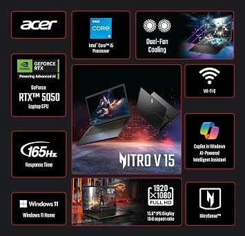 acer Nitro V 15.6 FHD IPS 165Hz Gaming Laptop Intel Core i5-13420H NVIDIA GeForce RTX 5050 8GB GDDR7 VRAM Win11H Mouse Pad 16GB RAM, 1TB PCIe SSD