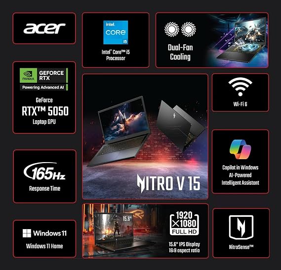 acer Nitro V 15.6 FHD IPS 165Hz Gaming Laptop Intel Core i5-13420H NVIDIA GeForce RTX 5050 8GB GDDR7 VRAM Win11H Mouse Pad 16GB RAM, 1TB PCIe SSD