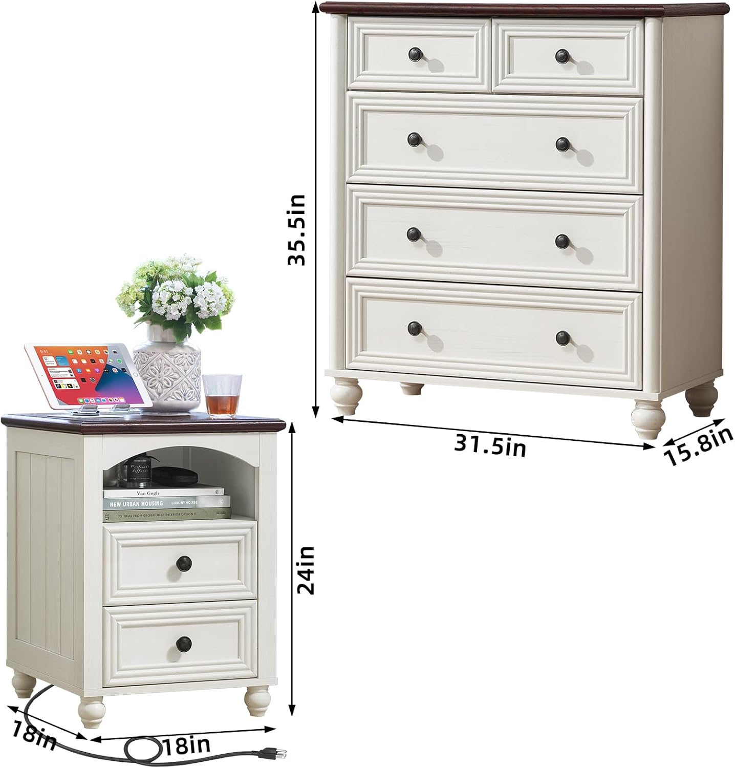 Dressers and Night Stand Set of 3, Wood 35.5'' Tall Small Dresser and 18'' Wide Chest of Drawers with Charging Column Nightstand Set of 2,Bedroom Furniture Dresser Suites for Home Living Room Hallway