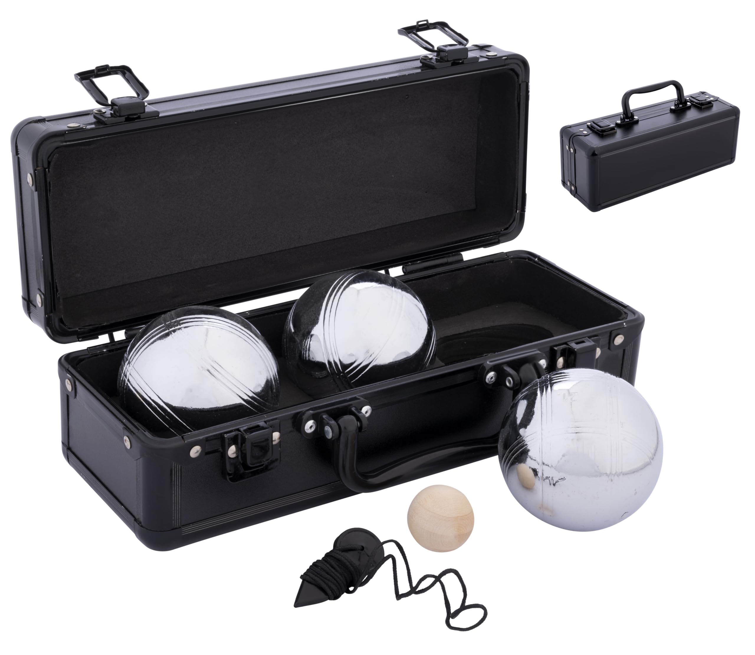 Engelhart - 010124 - Petanque Boules Set Aluminium Case 26.5 x 10 x 9 cm - 3 Metal Boules 74mm 720g - Garden Outdoor Game - Jack -Measuring Cord