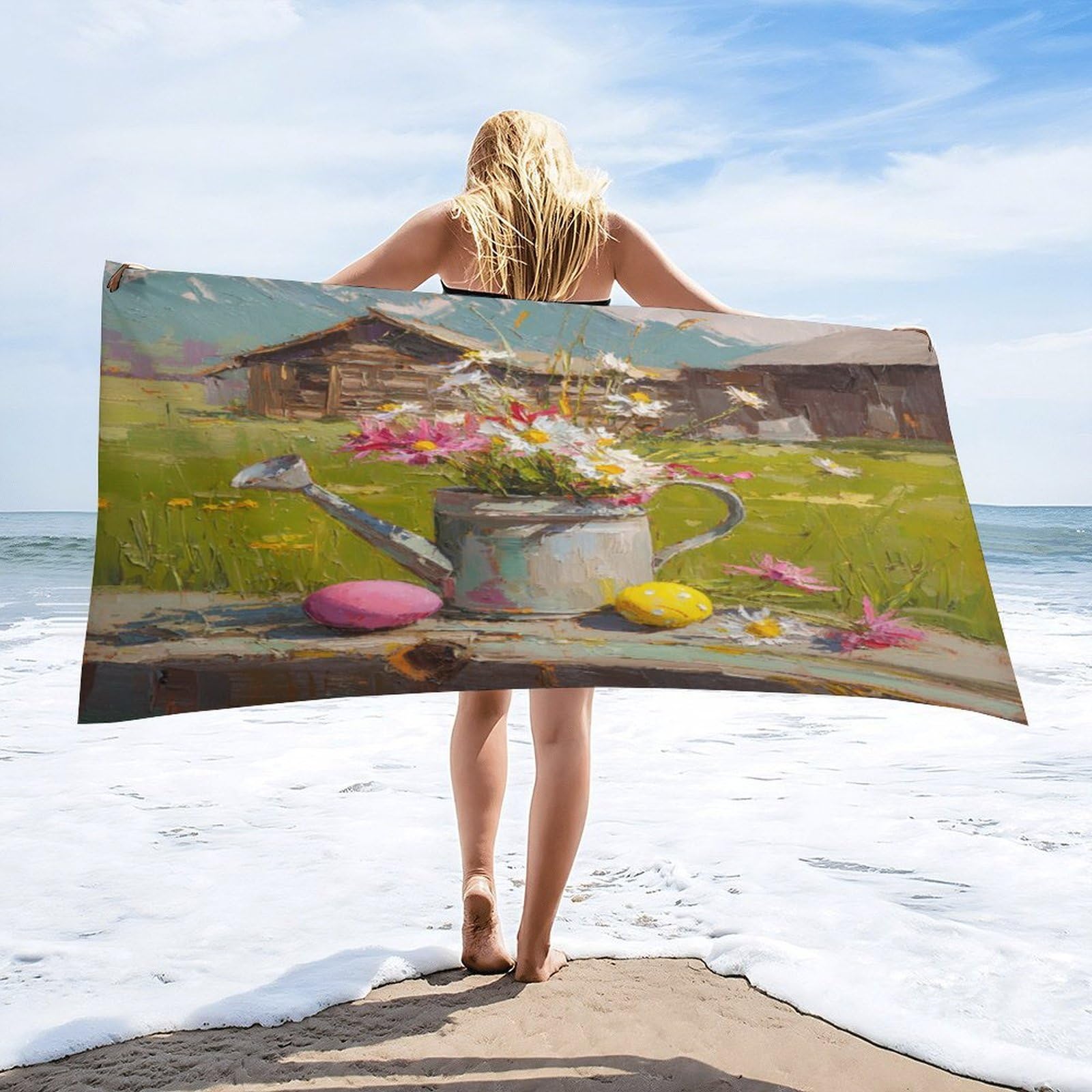 Luyysky Vintage Realistic Daisies Floral Quick-Drying Beach Towel, Mid Century Retro Spring Mountain Log Cabin Barn Travel Vacation Single Sided Pile Bathroom Towels-80 W Cm X 160" L Cm