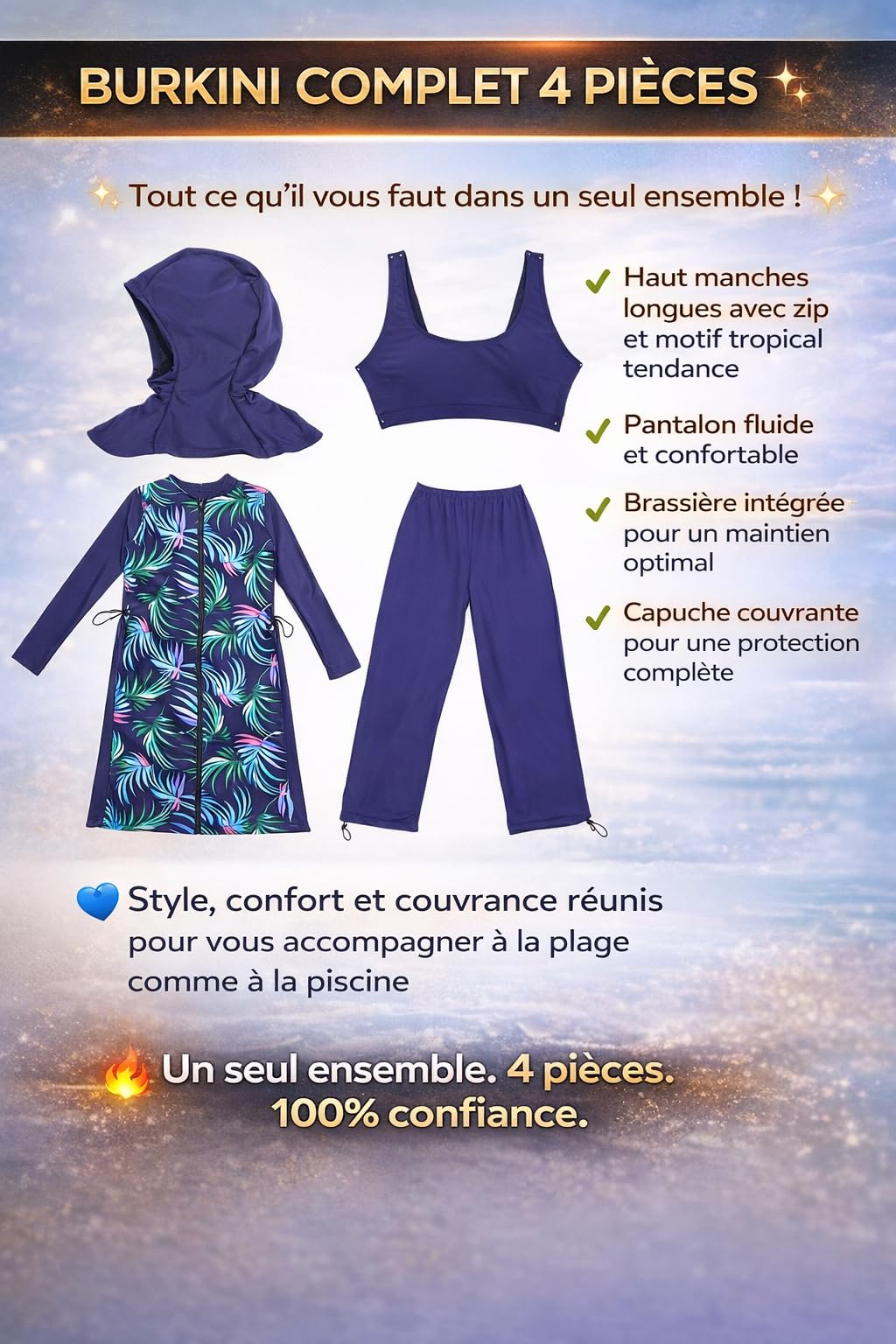 Burkini Fleuri,avec Soutien Gorge,4 piéce Burkini Femme Fleuri– Maillot de Bain Modeste avec Hijab – Anti-UV,