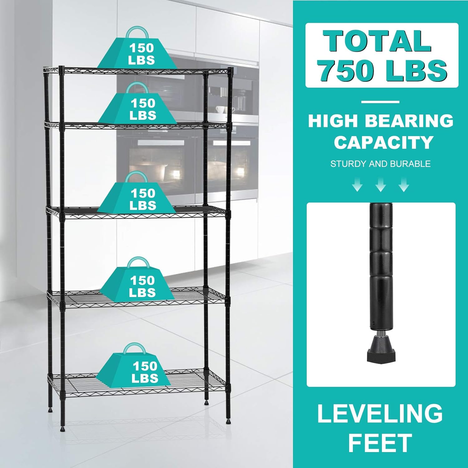 5-Tier Industrial Wire Shelving Unit, Heavy Duty Metal Shelf with Wheels, 30" L x 14" W x 60" H, Adjustable Layer Rack, Garage, Kitchen, Pantry Shelf