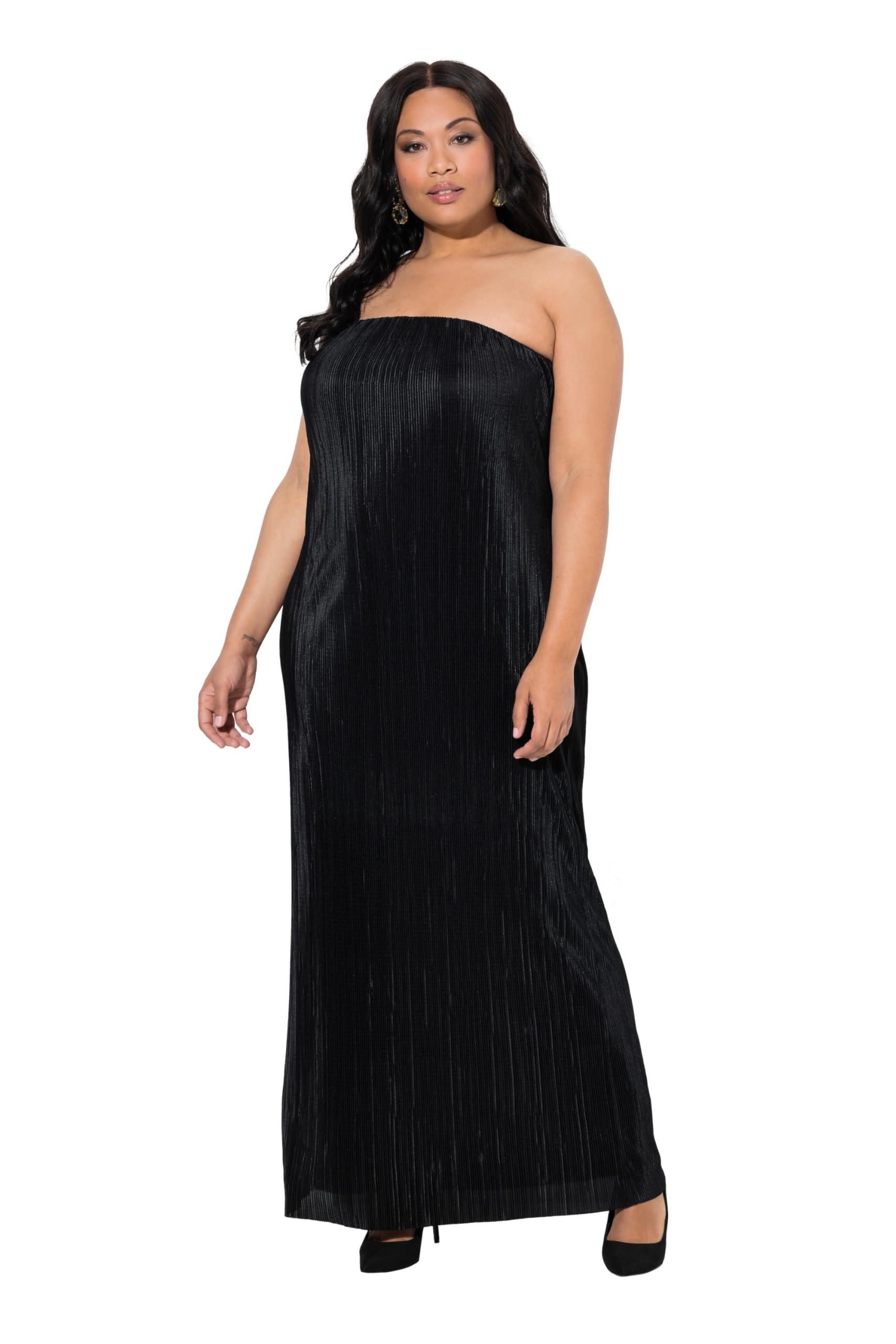 Ulla Popken Damen große Größen Übergrößen Plus Size Plissee-Maxikleid, elastischer Ausschnitt, schulterfrei 849991