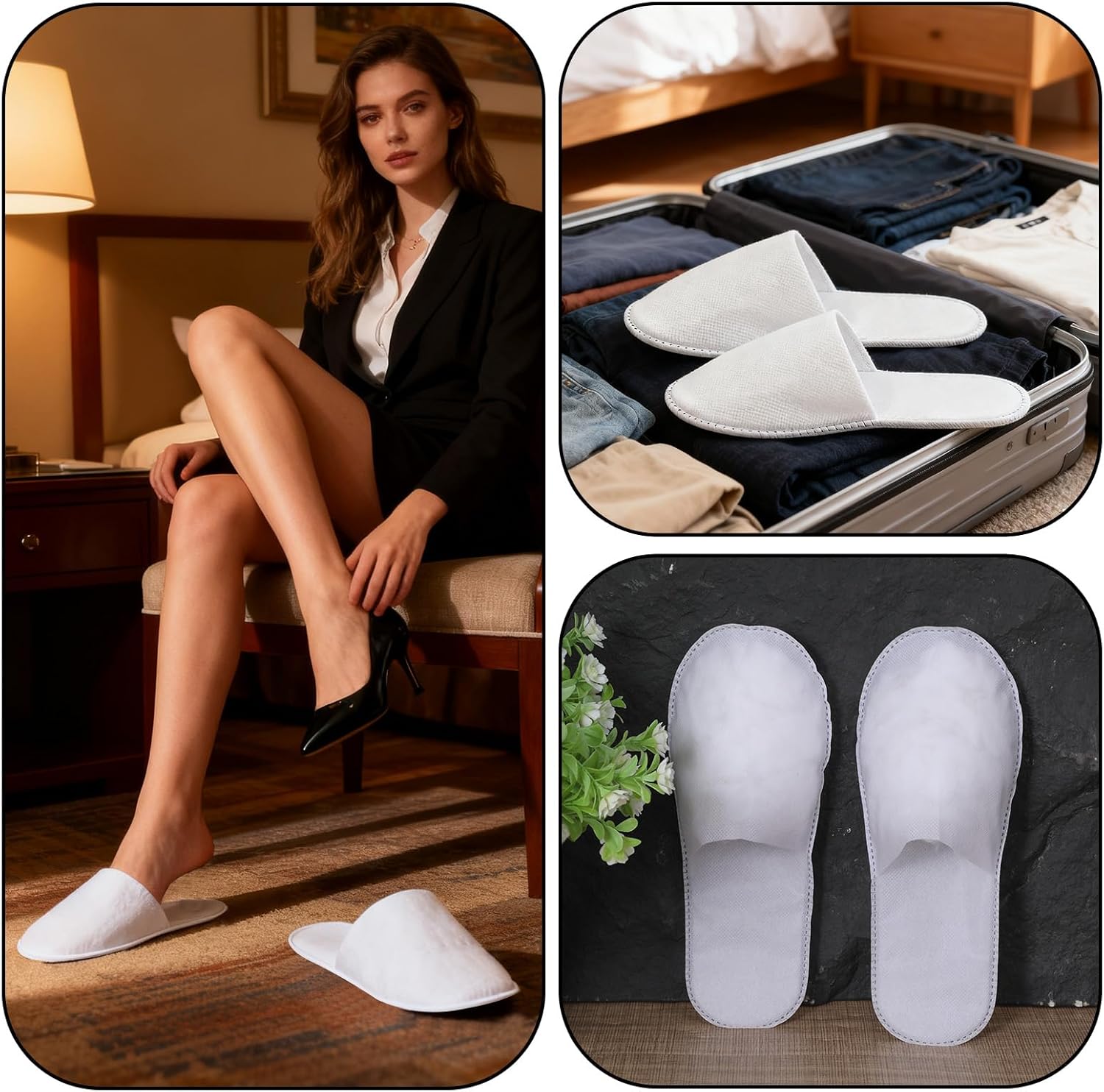 Disposable Slippers for Guests, 3 Pairs House Travel Slippers Non-slip Hotel Spa Guest Slipper White Unisex Slipper for Women Men Hotel, Spa, Travel, Shoeless Home - Image 2