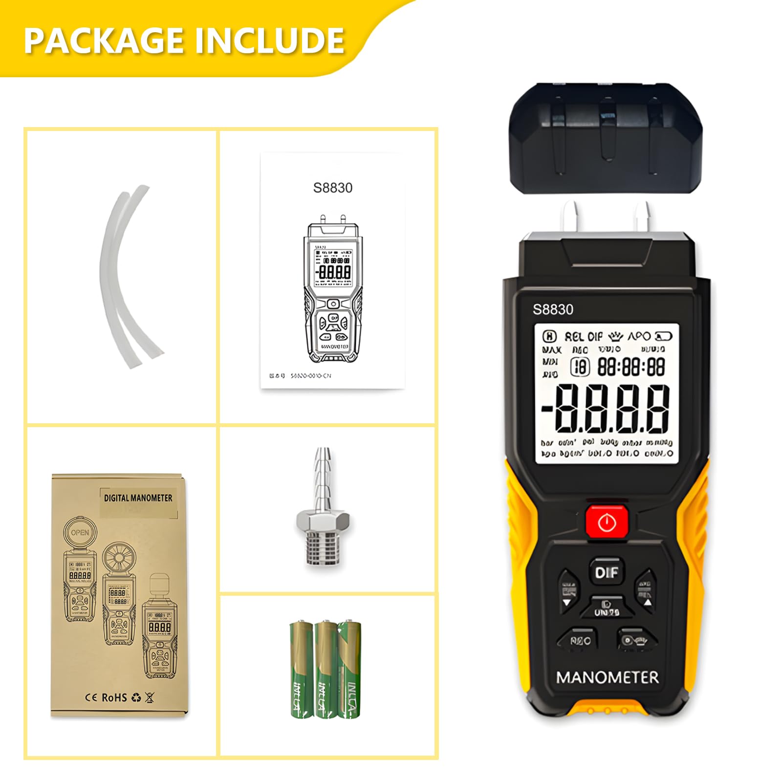 Manometro digitale, misuratore di pressione differenziale con due porte ± 36,8 kPa, HVAC Handheld a 12 unità, retroilluminazione per condizionatori d'aria, condotti di ventilazione