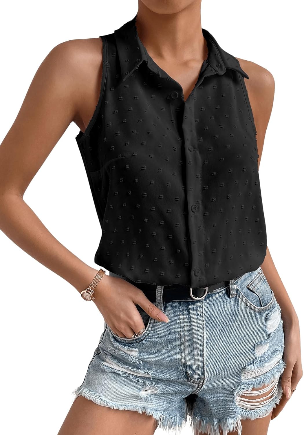 MAKEMECHIC Women's Dressy Bodysuit Shirt Collared Swiss Dots Sleeveless Button Down Tank Tops - Image 3