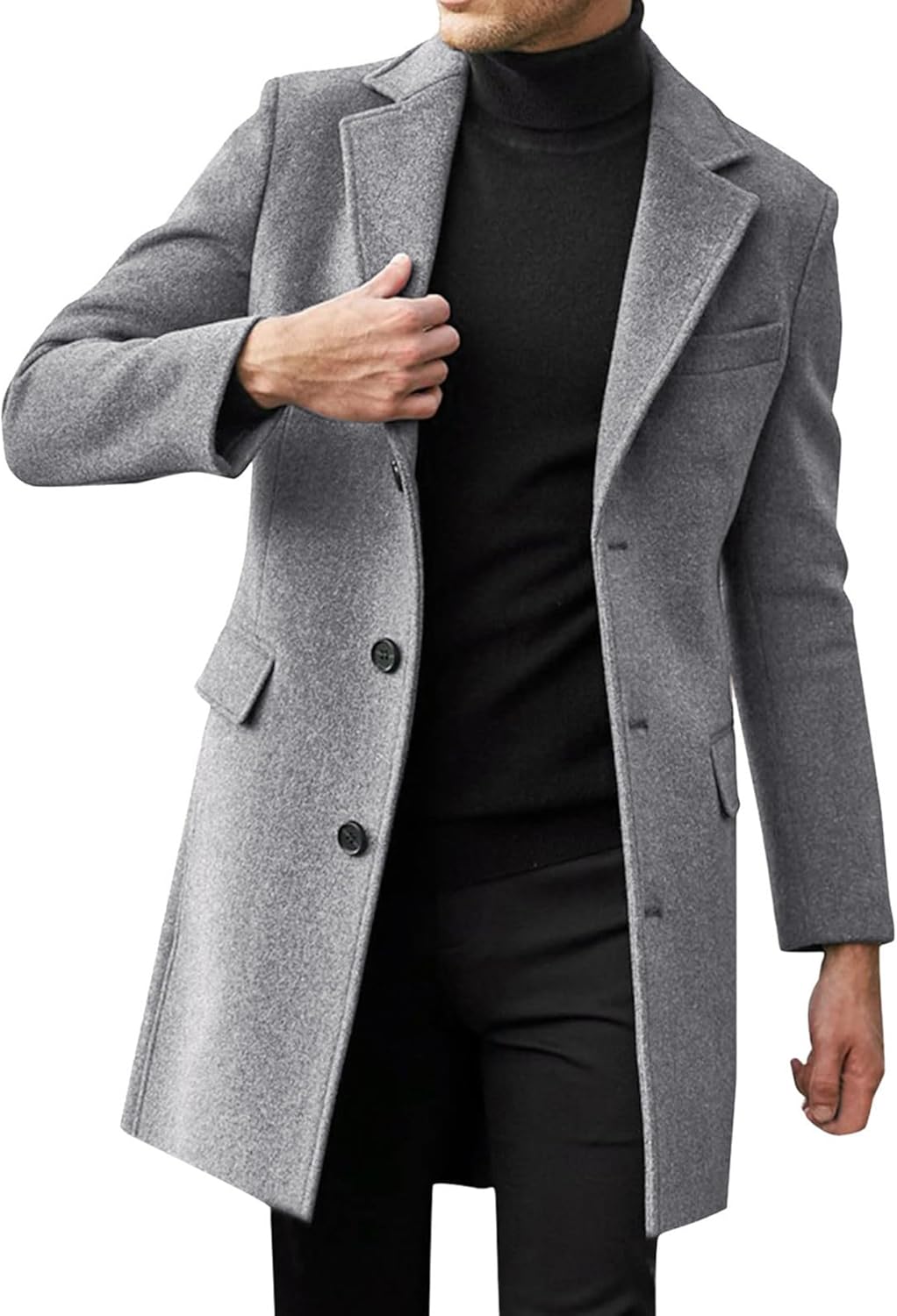 Beotyshow Mens Single Breasted Trench Coat Winter Pea Coat Notch Lapel Long Casual Overcoat