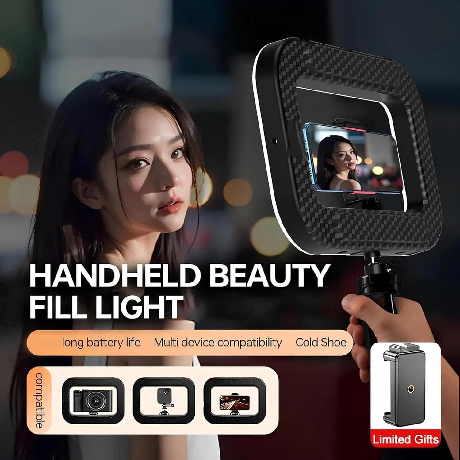Selfie Stick Tripod Light 240 LED Beads Rechargeable 5V2A Beauty Fill Lamp 400mAh Battery Color Temperature 2500K-8500K Lightweight Aluminum ABS Stable Phone Stand Holder | Ideal for Vloggi