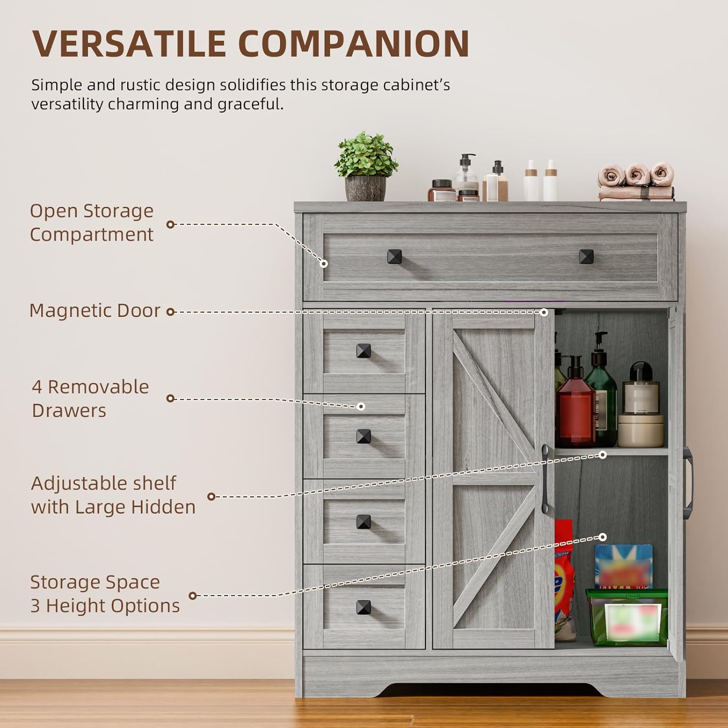 Farmhouse Storage Cabinet with 2 Doors and 5 Drawers, Freestanding Bathroom Cabinets Kitchen Pantry, Floor Storage Cabinet Hutch Cupboard for Living Room/Bathroom/Kitchen.Wash Grey