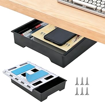 Under Desk Drawer Organizer, Self Adhesive Hidden Drawer Storage, Slide Out Desk Organizer, Space Saving Pencil & Accessories Organizer, Under Table Storage for Home Office & School, Black