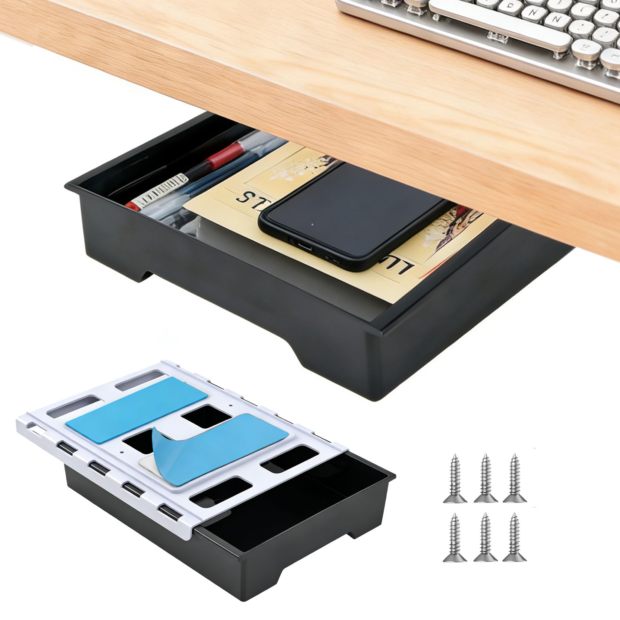 Photo 1 of Under Desk Drawer Organizer, Self Adhesive Hidden Drawer Storage, Slide Out Desk Organizer, Space Saving Pencil & Accessories Organizer, Under Table Storage for Home Office & School, Black