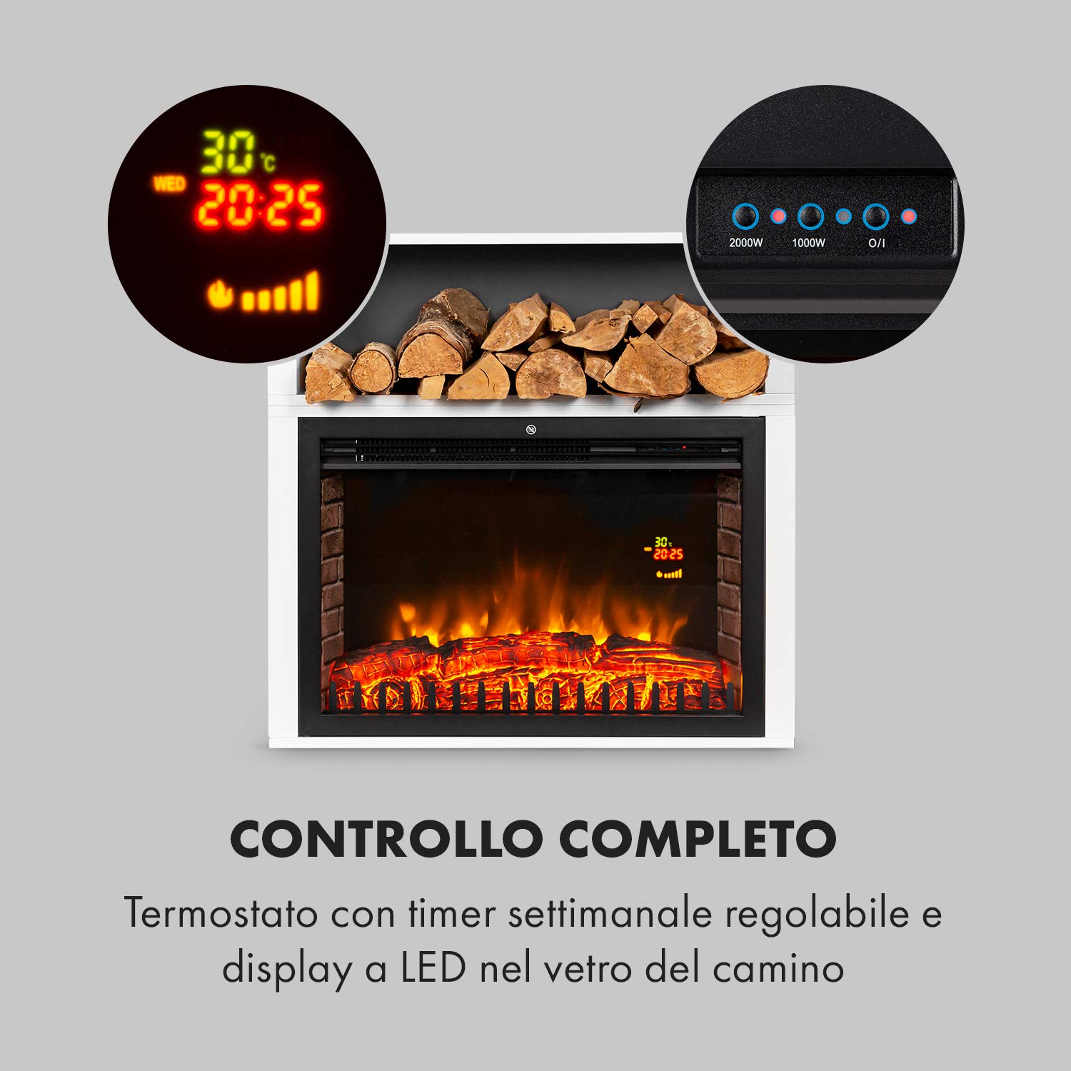 Klarstein Mauna Loa - Camino elettrico, riscaldamento a convezione, 1000/2000 W, fino a 40 m², termostato: 15-30 °C, illusione di fiamme, LED regolabile, telecomando, timer settimanale, bianco