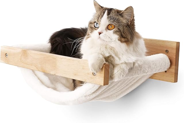 FUKUMARU Cat Hammock Wall Mounted Large Cats Shelf - Modern Beds and Perches - Premium Kitty Furniture for Sleeping, Playing, Climbing, and Lounging - Easily Holds up to 40 lbs, White Flannel
