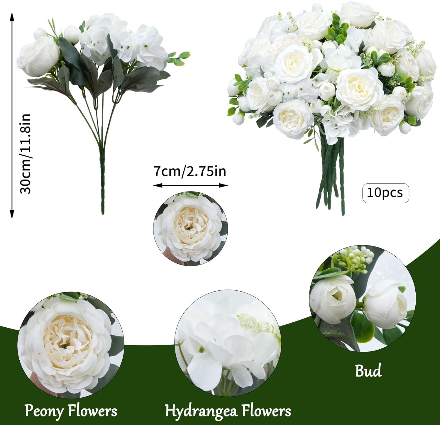 10 Bundles Artificial Peonies, Milky White Hydrangea Artificial Flowers Silk Flowers for Indoor Home Decor Bedroom Kitchen Office Wedding Table Centerpieces - Image 2