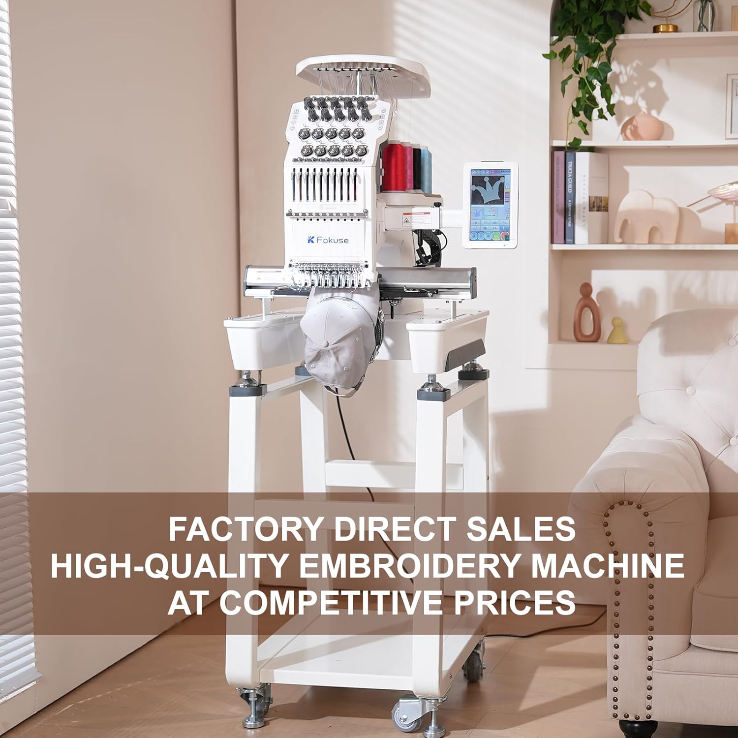 Fokuse brand FKS-1001 Commercial Embroidery Machine with 10 needle, Embroidery Area 14.2"x9.5", 1200SPM Max Speed, 7" Touch Screen, suitable for T-shirt, Hat, Flat, Bag and more