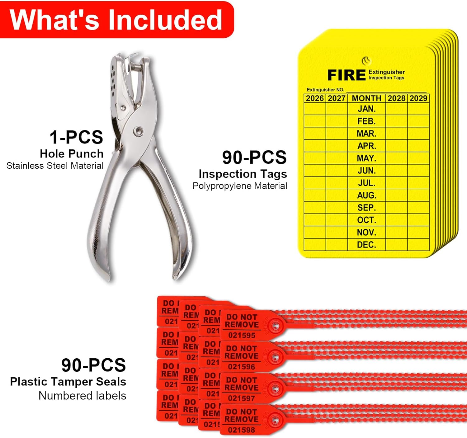 90 Sets Fire Extinguisher Tags Monthly Inspection Tear-Resistant Numbered Plastic Tamper-Evident Cable Ties Easy to Punch Includes Handheld Hole Puncher- Red