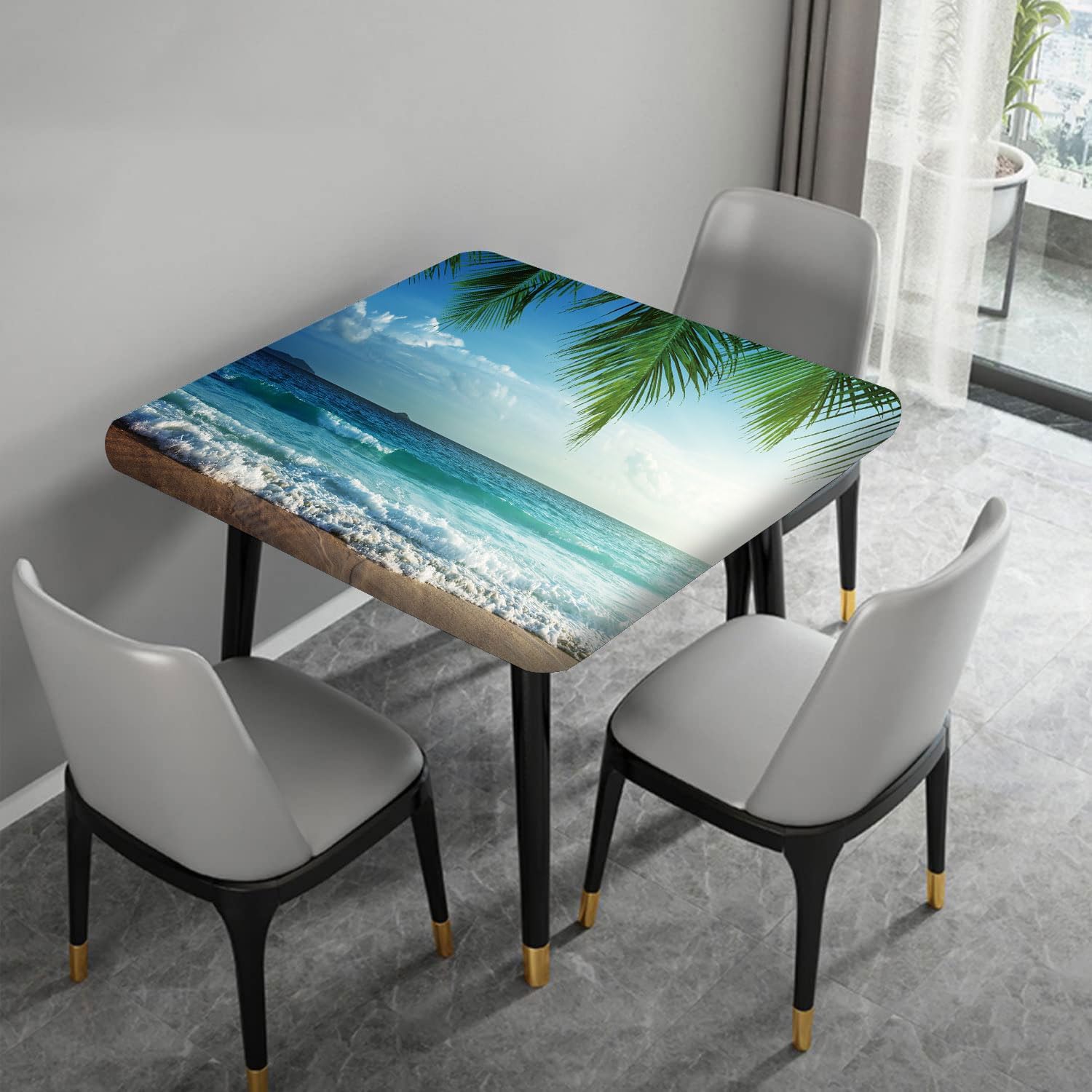 Ocean Square Tablecloth, Tropical Island Beach Fitted Waterproof Wipeable Table Cover for Dining Kitchen Party Indoor Patio Decor 48x48 Inch