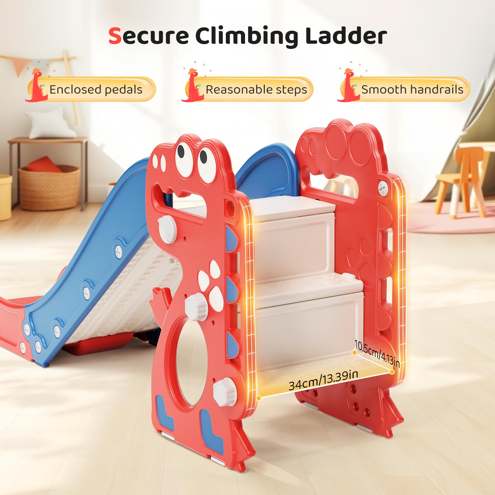 Krovtoy Scivolo per bambini, scivolo singolo con dinosauro con telaio a sfera, anello, attrezzatura per parco giochi con scivolo per bambini da 1 a 3 anni (dinosauro-rosso e blu)