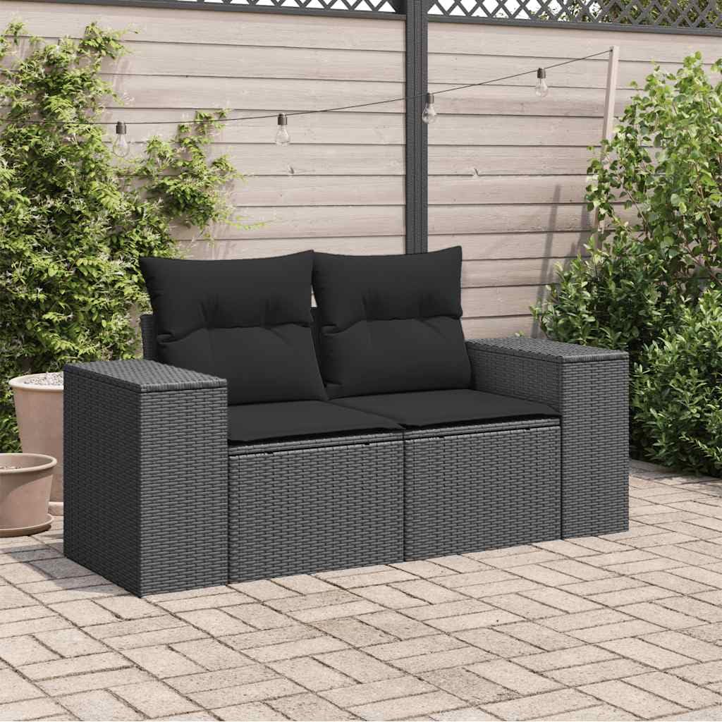 Sofa ogrodowa, 2-osobowa, czarna, polirattanowa z poduszkami, odporna na warunki atmosferyczne, na balkon i taras, balkon ze zdejmowaną poszewką, zestaw wypoczynkowy ogrodowy, sofa na taras