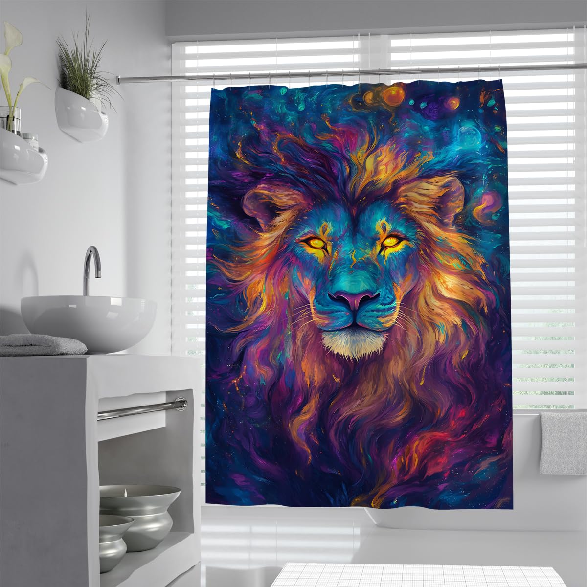 UIRINGART Cosmic Lion Shower Curtain W120xL180cm Vibrant Galaxy Wildlife Print Polyester Anti-mould Lightweight Machine Washable Hotel Bath Curtain with Hooks