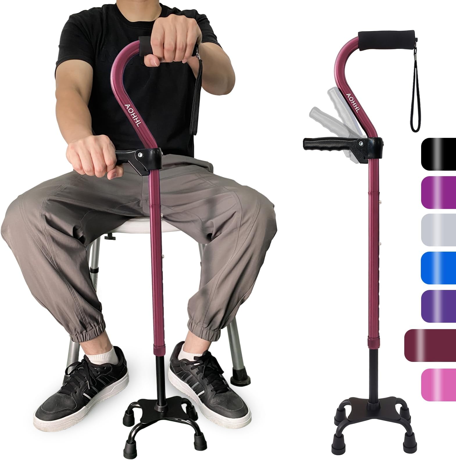 AOHHL Quad Walking Cane Foldable Adjustable Portable Stick Men & Women and Seniors - Lightweight & Sturdy with 4-Pronged Base for Extra Stability Balance,Self Standing Gifts for mom Dad