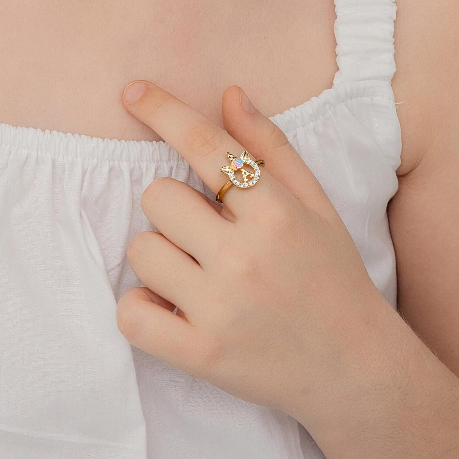 Valentine’s Day Gifts for Kids - Unicorn Initial Ring for Girls, 14K Gold Plated/Rose Gold Plated/Sterling Silver Adjustable Letter Ring for Kids & Teens, Hypoallergenic, No Tarnish