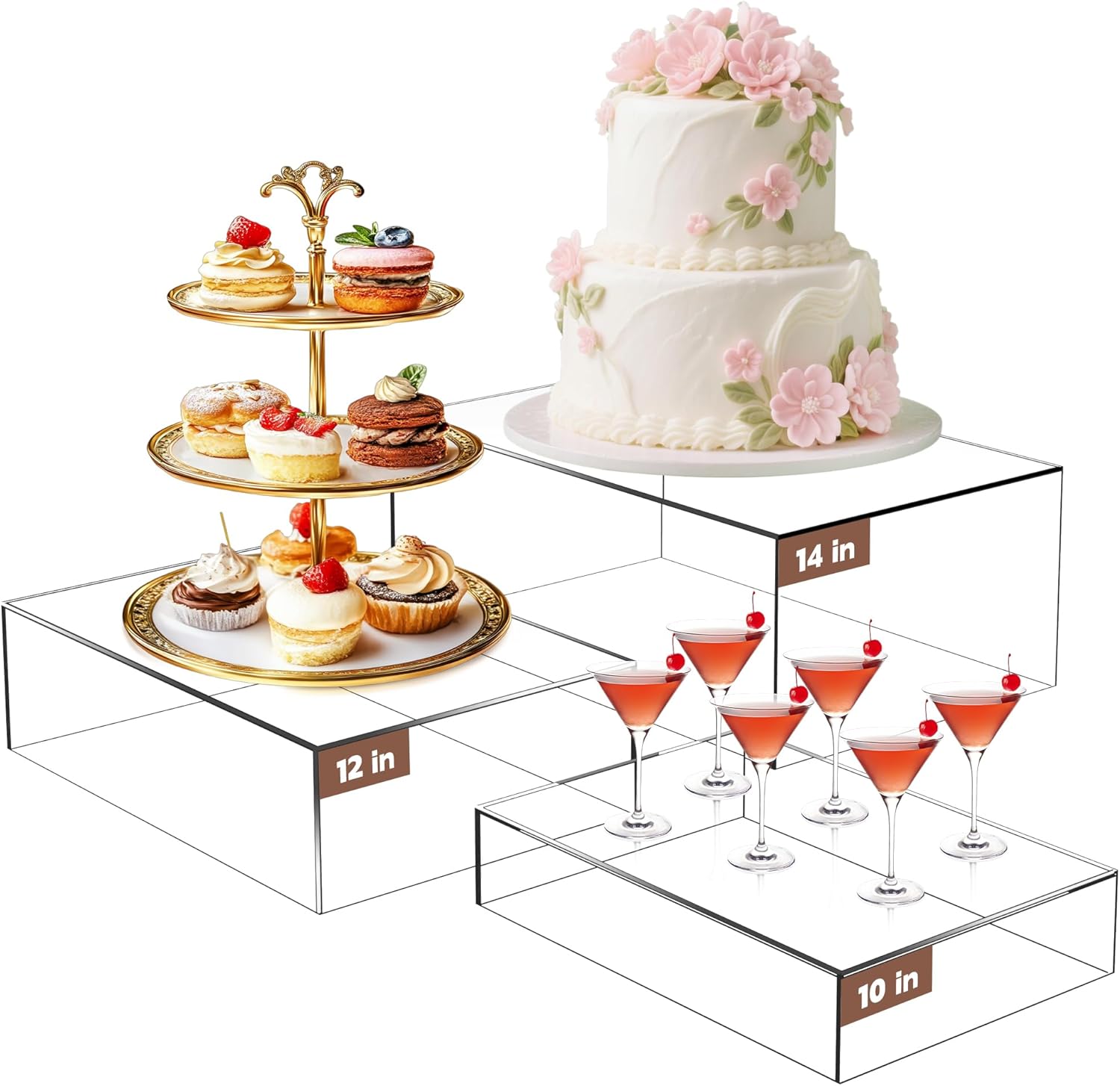 Extra Large Buffet Risers Set, 10" 12" 14" Transparent Acrylic Food Risers for Buffet Table, Display Stand Shelf with Hollow Bottoms for Catering Dessert Collectibles Jewelry Figures Show (Transparent)