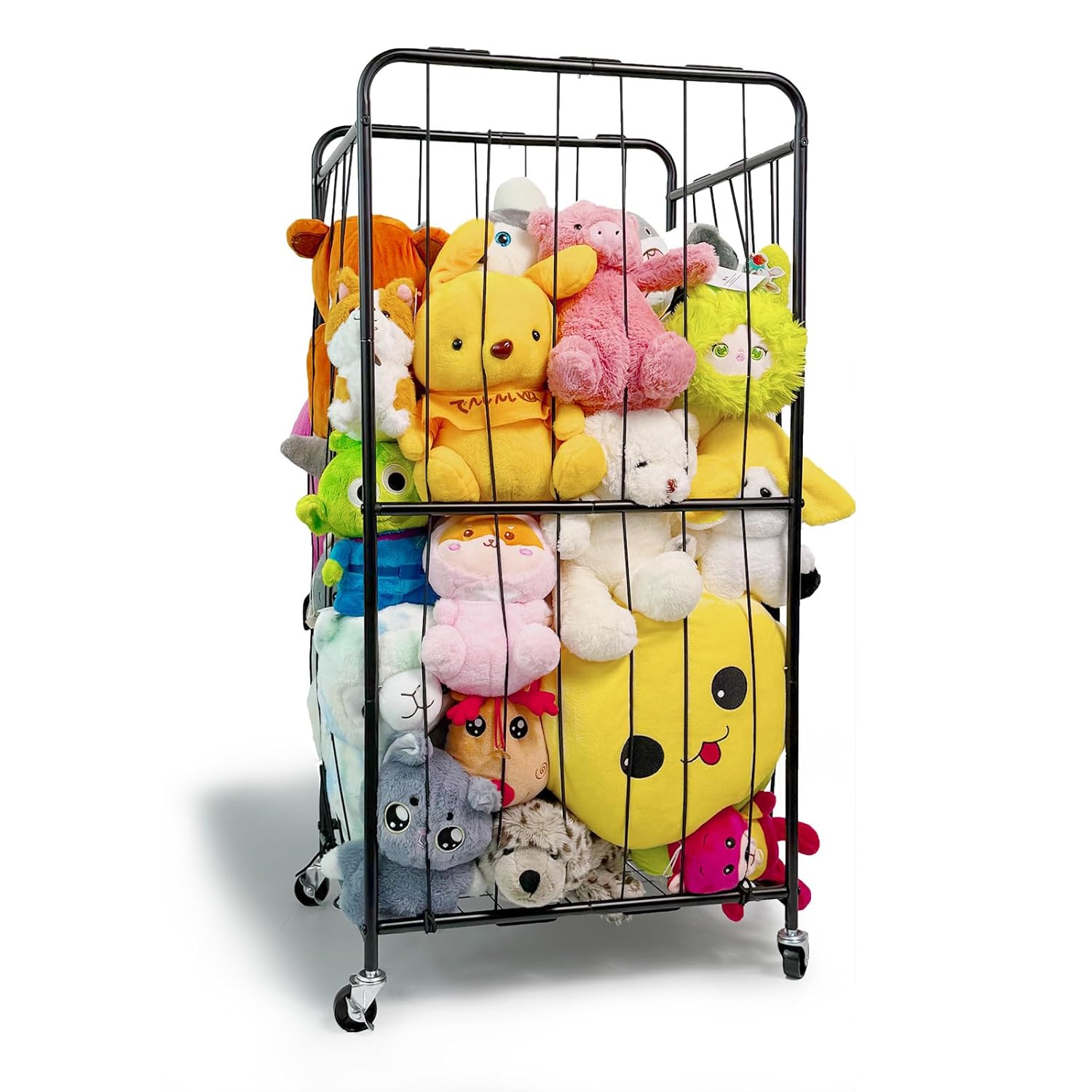 210L Stuffed Animal Storage, Kid Plush Toy Organizer with Wheels, Animal Zoo Toy Holder with Metal Frame & Elastic Cord for Living Room Nursery Playroom Bedroom Kids Toddler Room Space Save (Black)