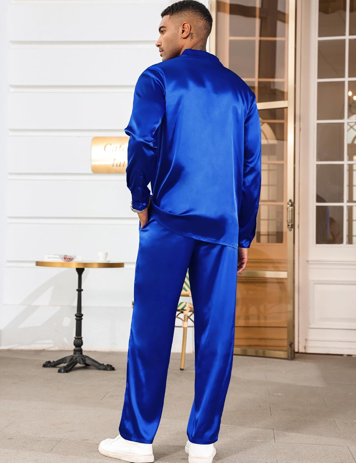 LecGee Men's Satin 2 Piece Outfits Lapel Long Sleeve Button Down Tops Jogger Pants Sets With Pocket Prom Club Party