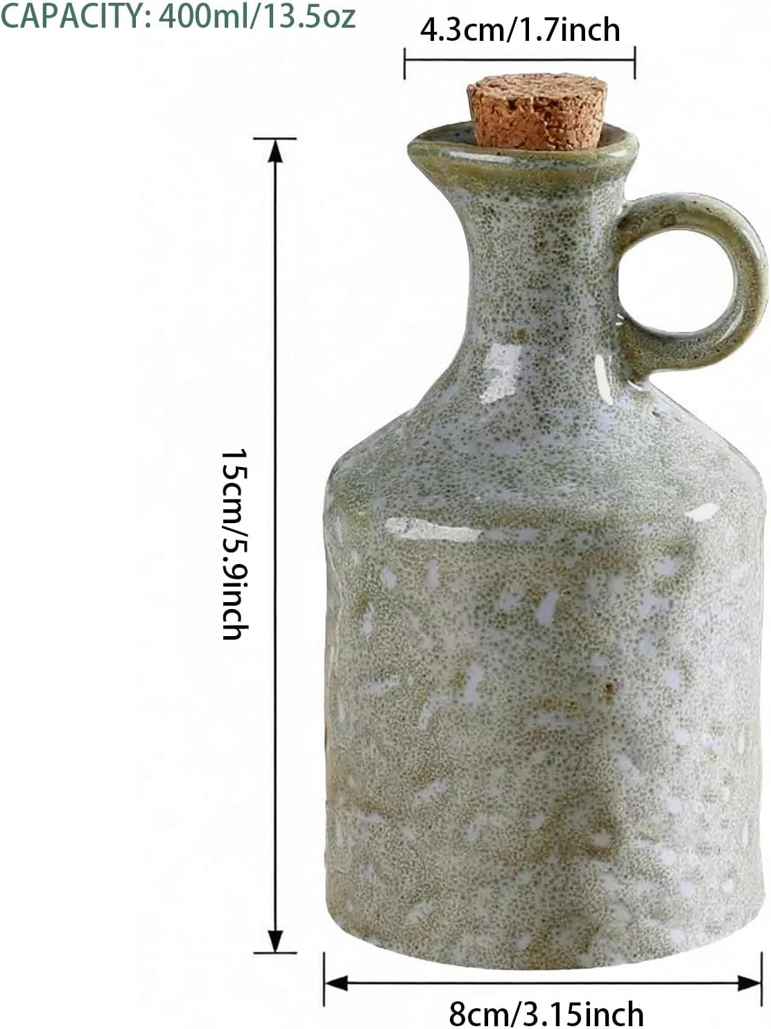 Ceramic Olive Oil Dispenser Bottle for Kitchen, 13.5oz Soy Sauce Dispenser Vinegar Cruet, Oil Container with Cork Stopper, Green
