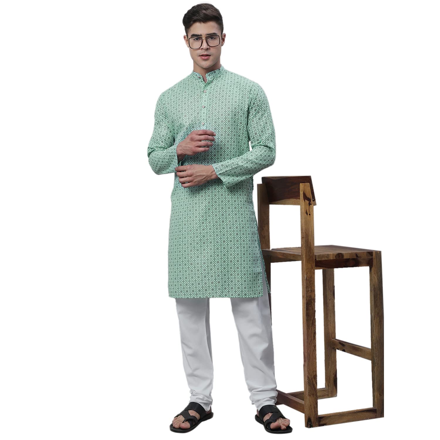 Sojanya (Since 1958 Men's Cotton Linen Seagreen Foil Printed Kurta And White Pyjama Set