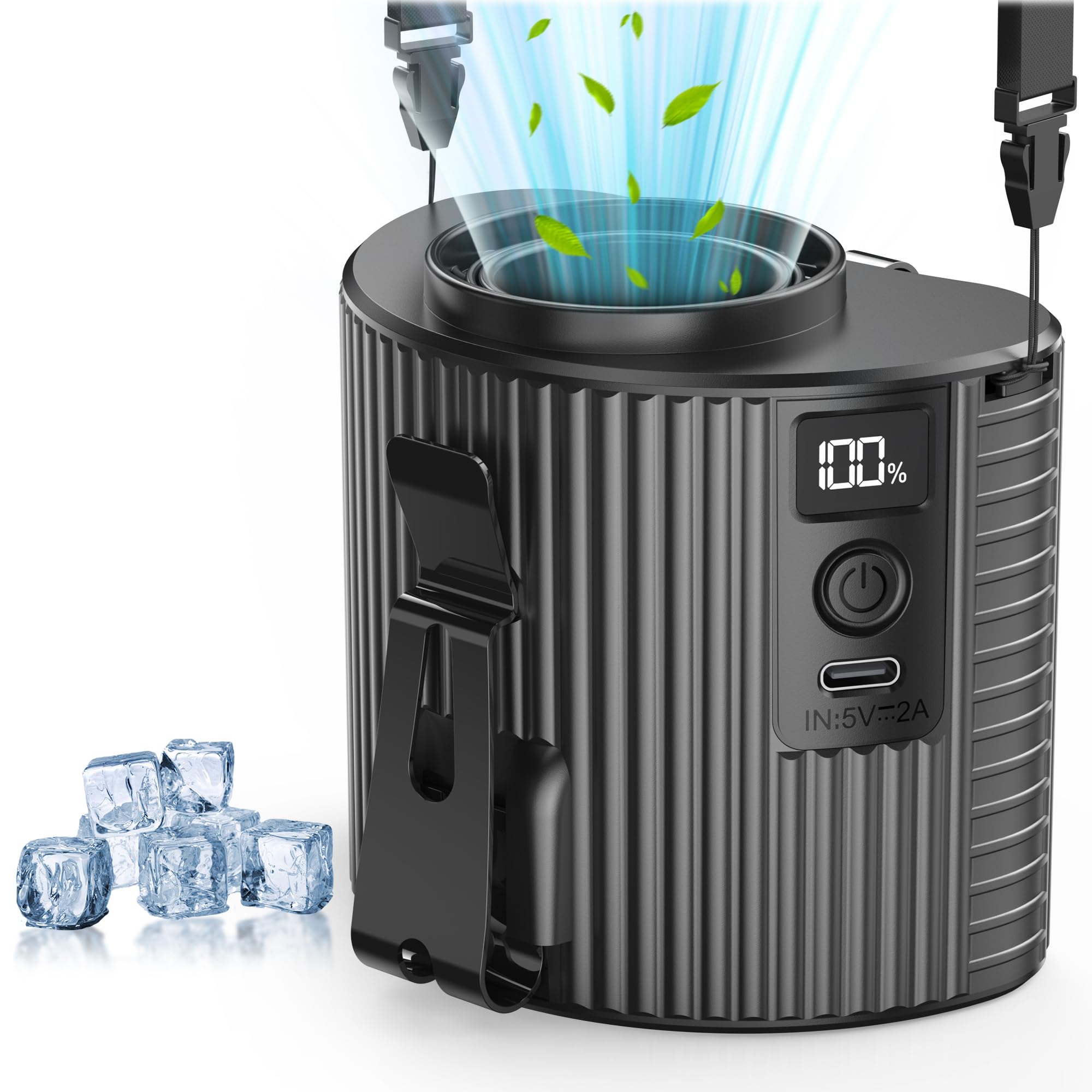 KITWLEMEN Portable Waist Fan - Personal Clip on Belt Fan, 5 Speeds 20H Cooling, Rechargeable Battery Operated, Wearable with Lanyard for Camping, Travel, Jobsite (Black)