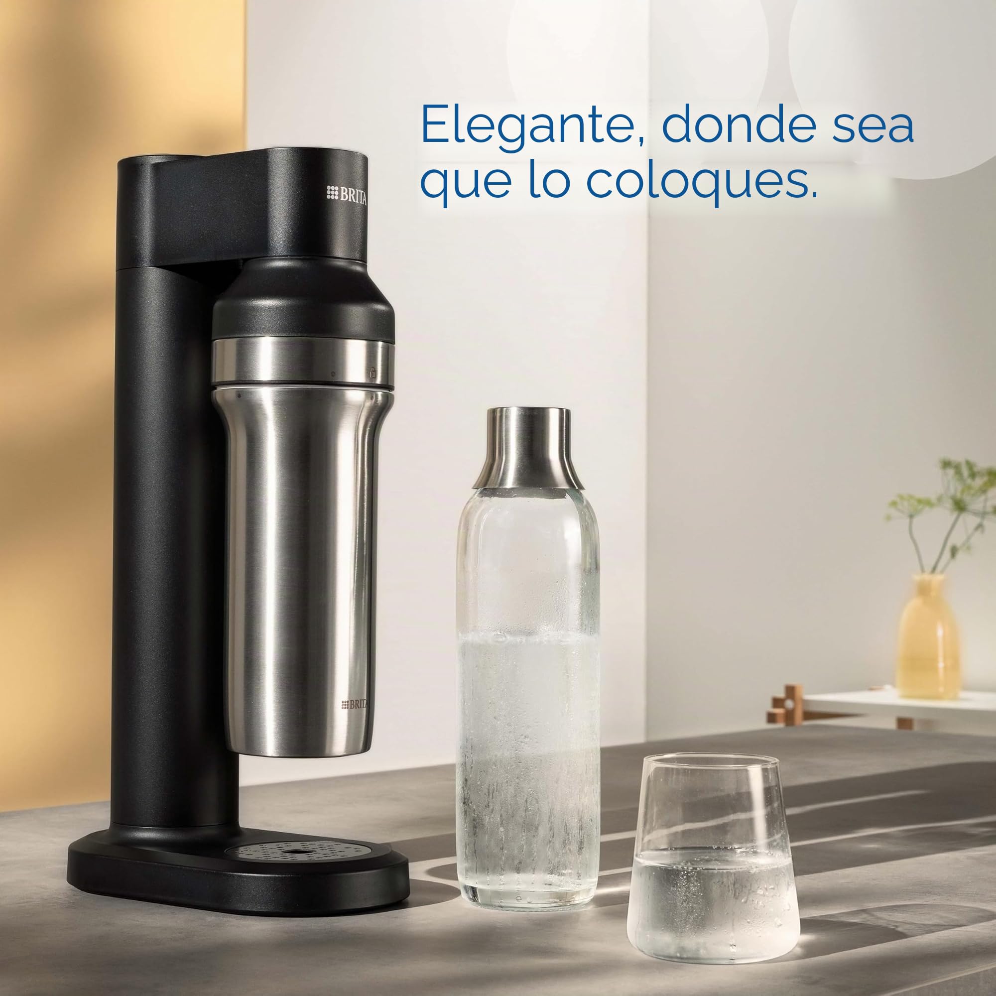 BRITA - Botella de acero inoxidable negra para sodaTRIO 1L - Termo con tapa de silicona antideslizante