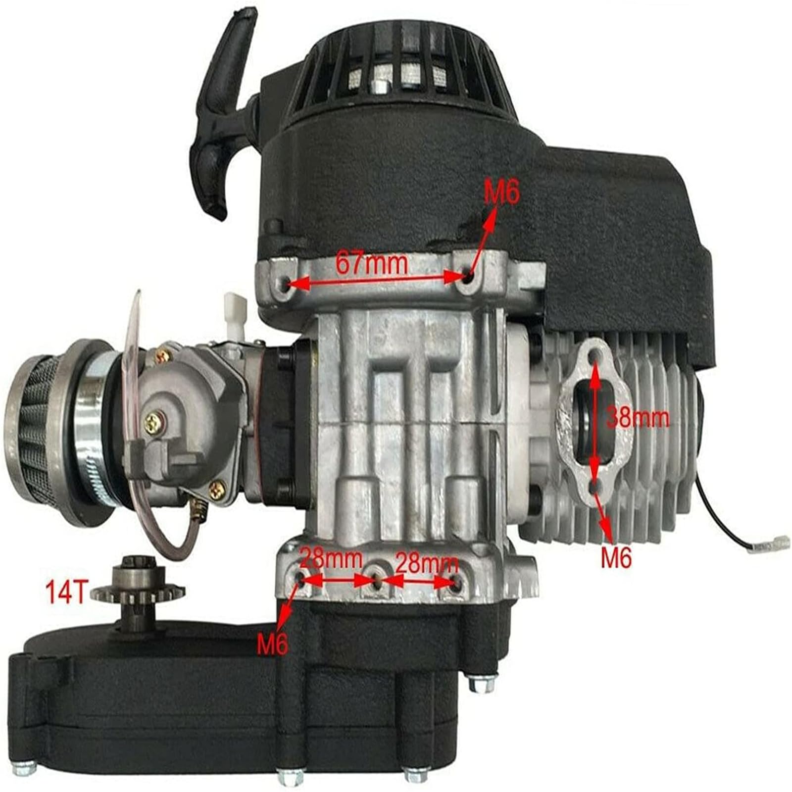 49CC Einzylinder Complete Engine Motor Kit Für 2-Takt Pocket Bike Mini Dirt Bike mit Luftfilter, Pull Start T8F Kette 40 Stundenmeilen