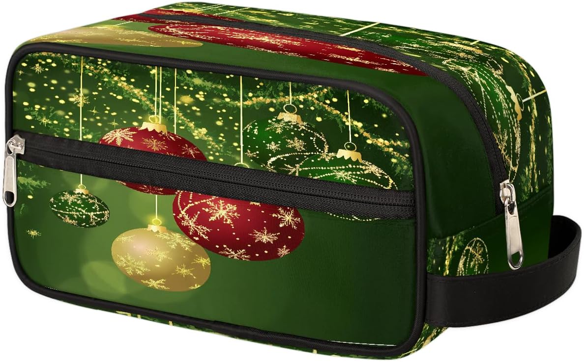 Portable Travel Toiletry Bag for Men Women Kids, Christmas Balls Ornaments Green Cosmetic Makeup Organizer Waterproof Dopp Kit for Bathroom Gym Lightweight Shaving Kit Bag