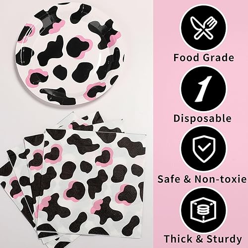 Miniatura 4 de Yaomiao 120 piezas de suministros de fiesta de vaquera vaquera, platos con estampado de vaca y servilletas para niñas y niños, decoración