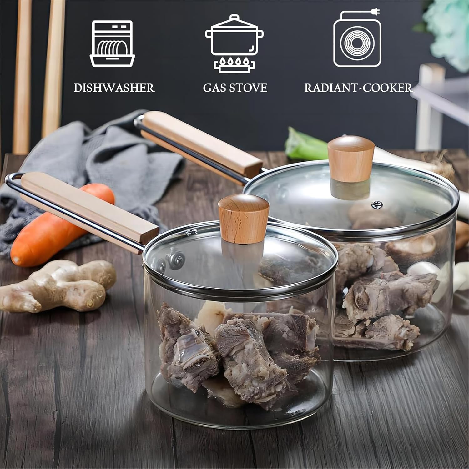 Glass Pots for Cooking with Lid, Glass Saucepan Cooking Pot Glass Simmer Pot with Wooden Handle, Heat Resistant Borosilicate Glass Cooking Pot for Pasta Noodle Milk Salad Food,2L