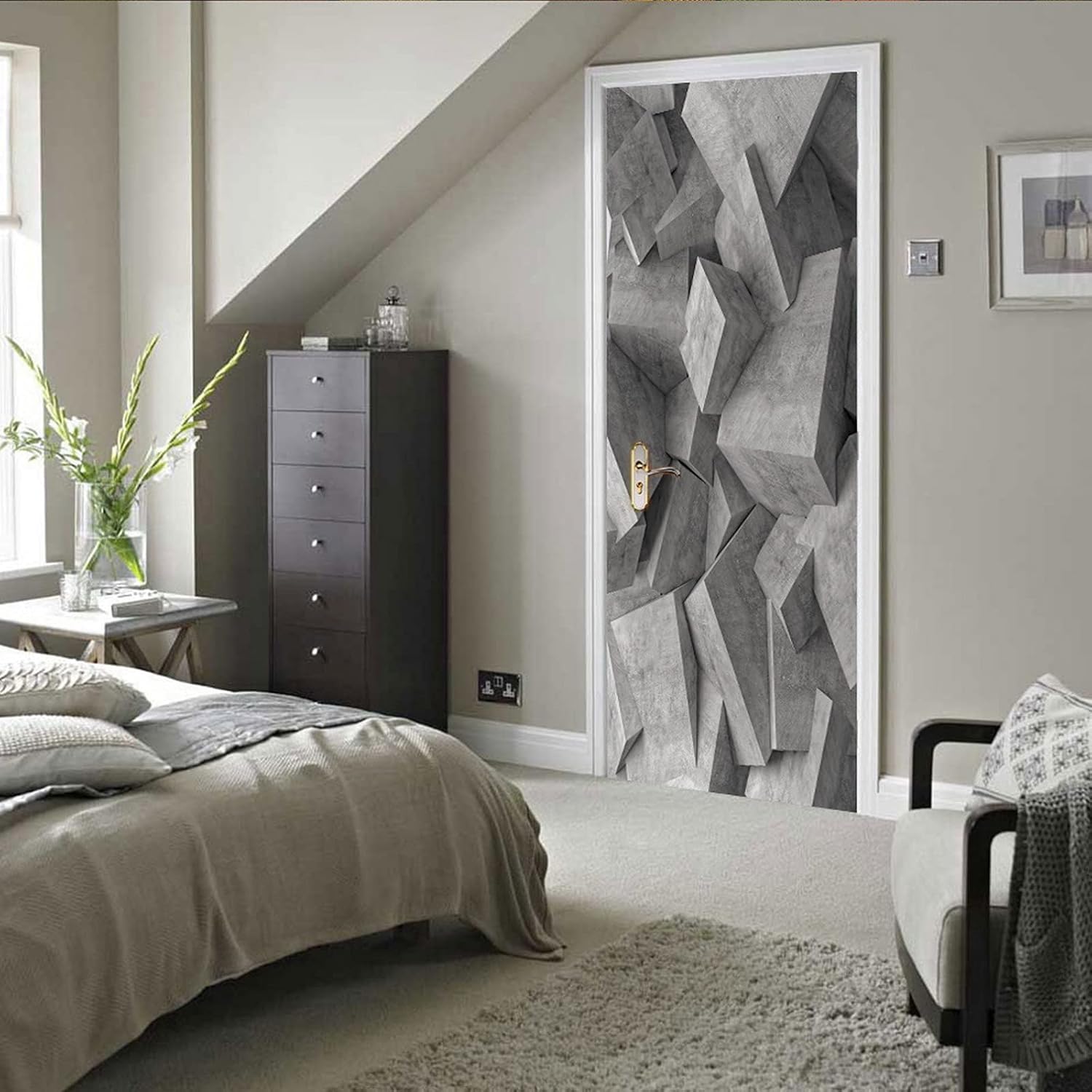 A.Monamour 3D Door Stickers for Interior Doors Grey Concrete Cube Wall Background Vinyl Waterproof Self Adhesive Door Mural Decals for Bedroom Office Bathroom 85 x 200 cm