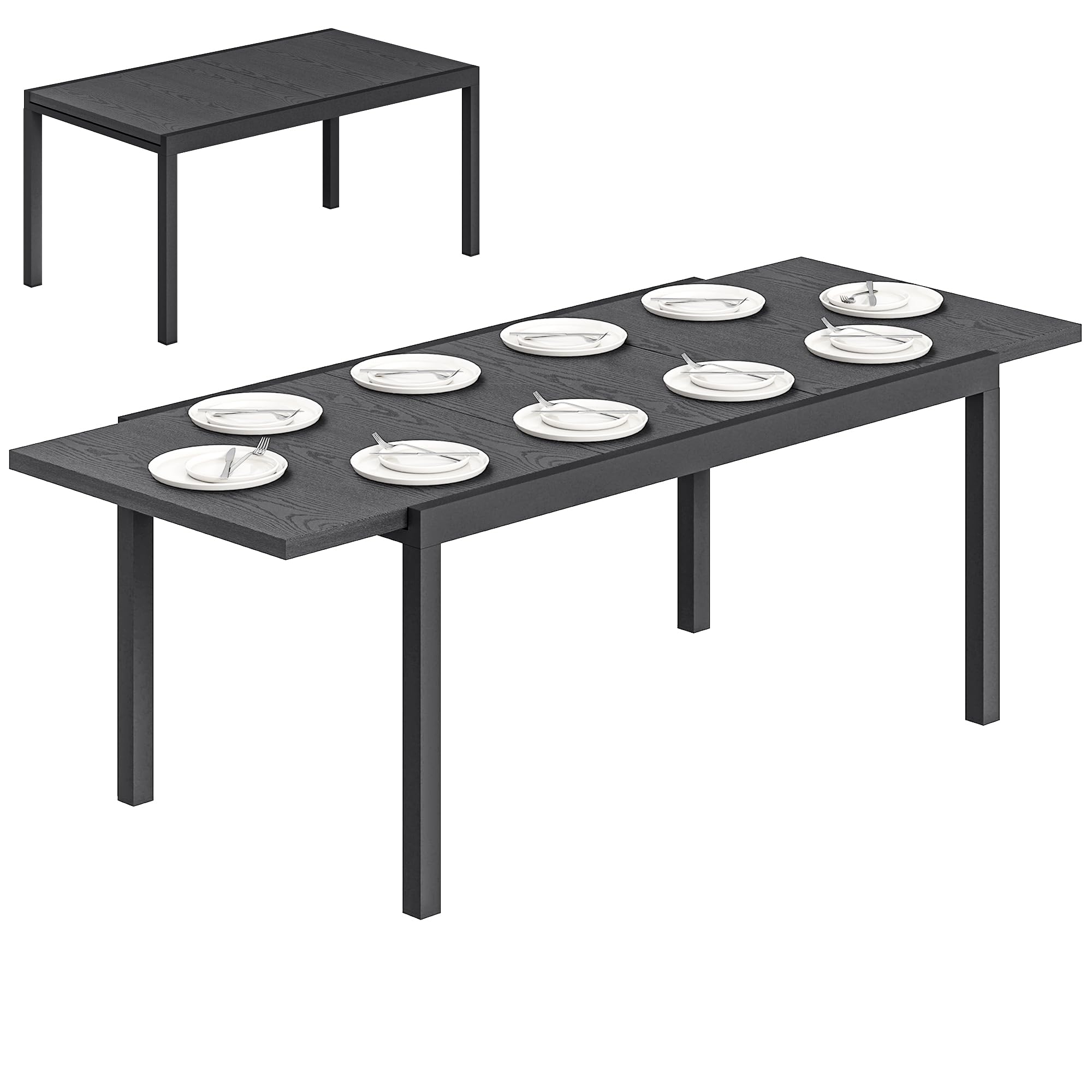 Outsunny Tavolo da giardino allungabile 154-214 cm, piano in alluminio effetto legno, tavolo da pranzo esterno robusto con gambe regolabili, mobili da terrazza 8-10 persone, grigio antracite
