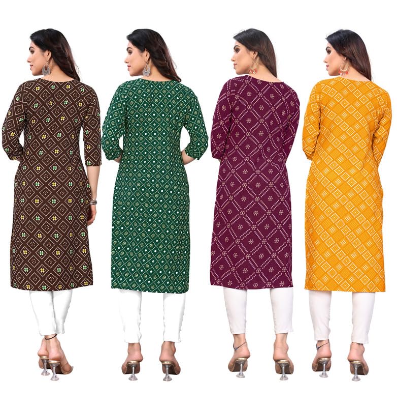 Image of JAKHANA Women's Crepe Printed Casual Straight Calf Length Round Nick Kurta Pack of 4