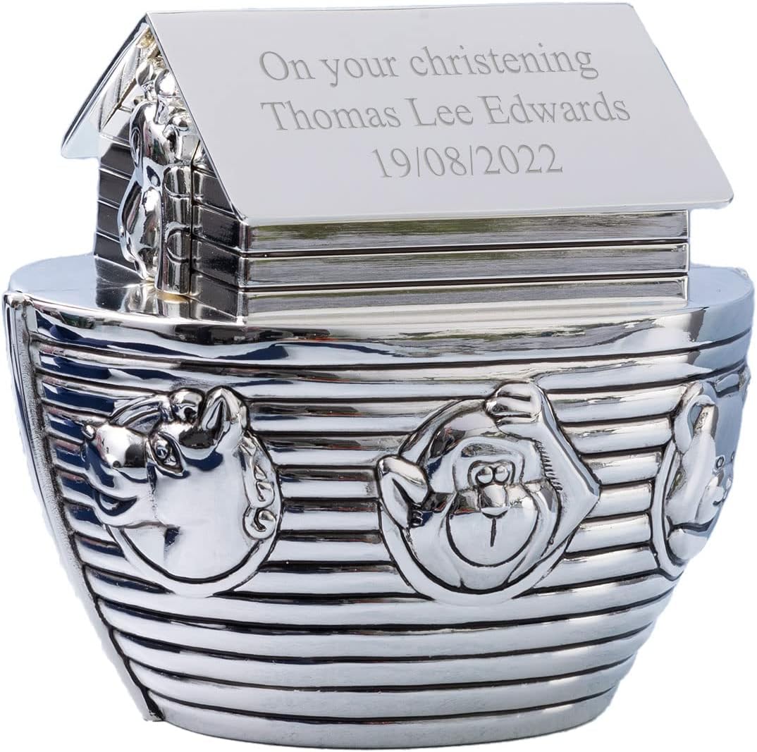 Personalised Silver Noah's Ark Money Box/Bank For Births,Christening