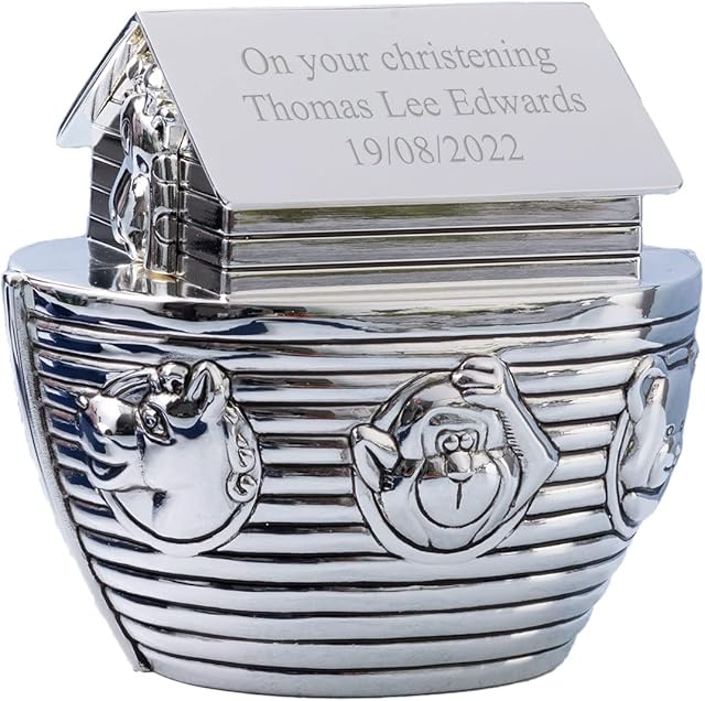 Personalised Silver Noah's Ark Money Box/Bank for Births,Christening,Baptism,Holy Communion - Enter Your Custom Text