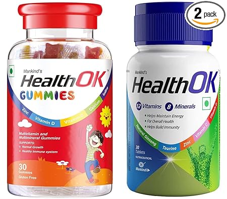 Mankind Health OK Gummies, Multivitamin and Multimineral for Kids,Bottle of 30 Gummies and Health Ok With Multivitamin, Multimineral and Amino Acids, 30 Tablets