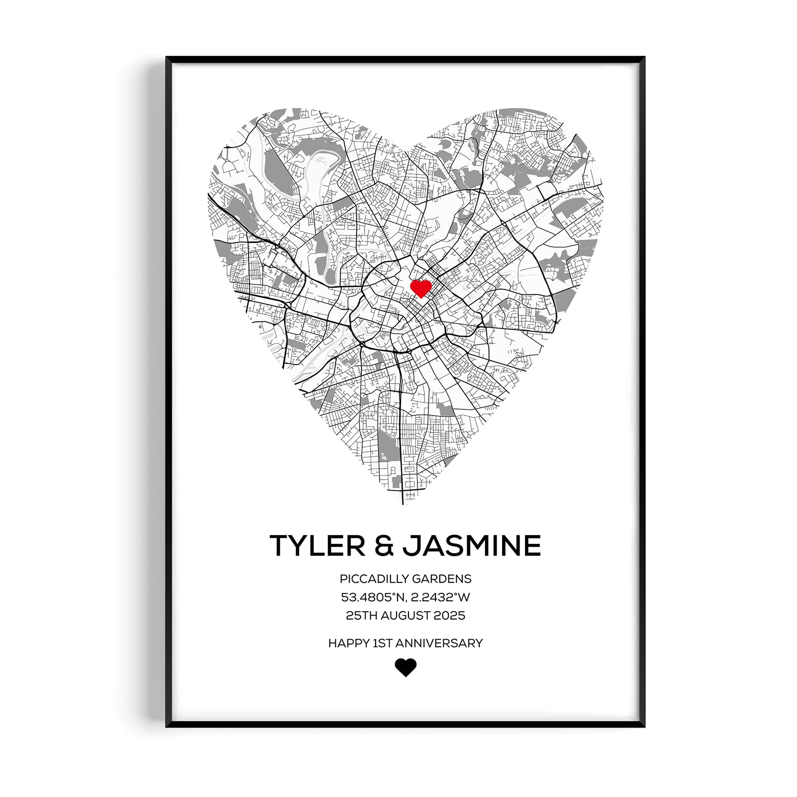 Fans Favourites Personalised Couple Map - Engagement Gift, Any Location, City Print, Town Poster, Love Print, Romantic Gift For Him or Her (Heart Frame)