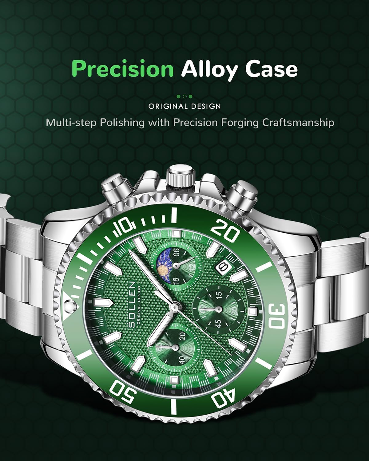 Green Men's Chronograph Watch, Formal Classic Analog Quartz Wristwatch with Date & Moon Phase & Second/Minute Chronograph, 30/3ATM Waterproof Stainless Steel Casual Business Work Watches for Daily Use, Luxury Men's Watch - 42.5mm